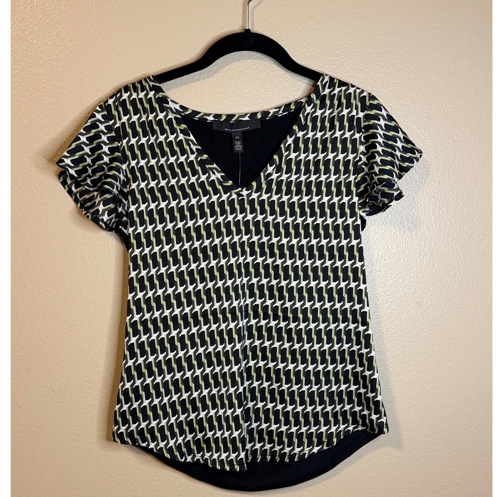 WHBM Glamgetter Tee Geo Print Flutter Sleeve Top XS NWT